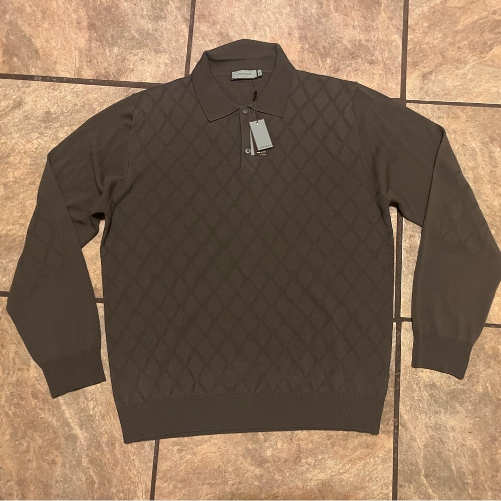 NWT Canali merino wool polo argyle sweater brown size extra large